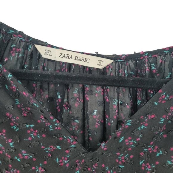 Zara Black Swiss Dot Mini Dress Womens Floral Large Ruffled Long Sleeve Witchy - Picture 5 of 12